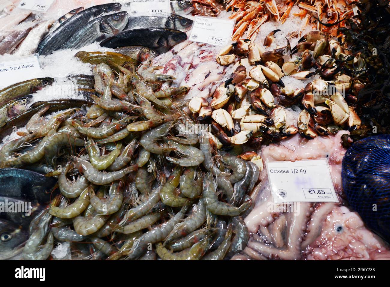 Fresh seafood at the Beshoffs The Market & Beshoffs Sea Grill in Howth, Ireland. Stock Photo