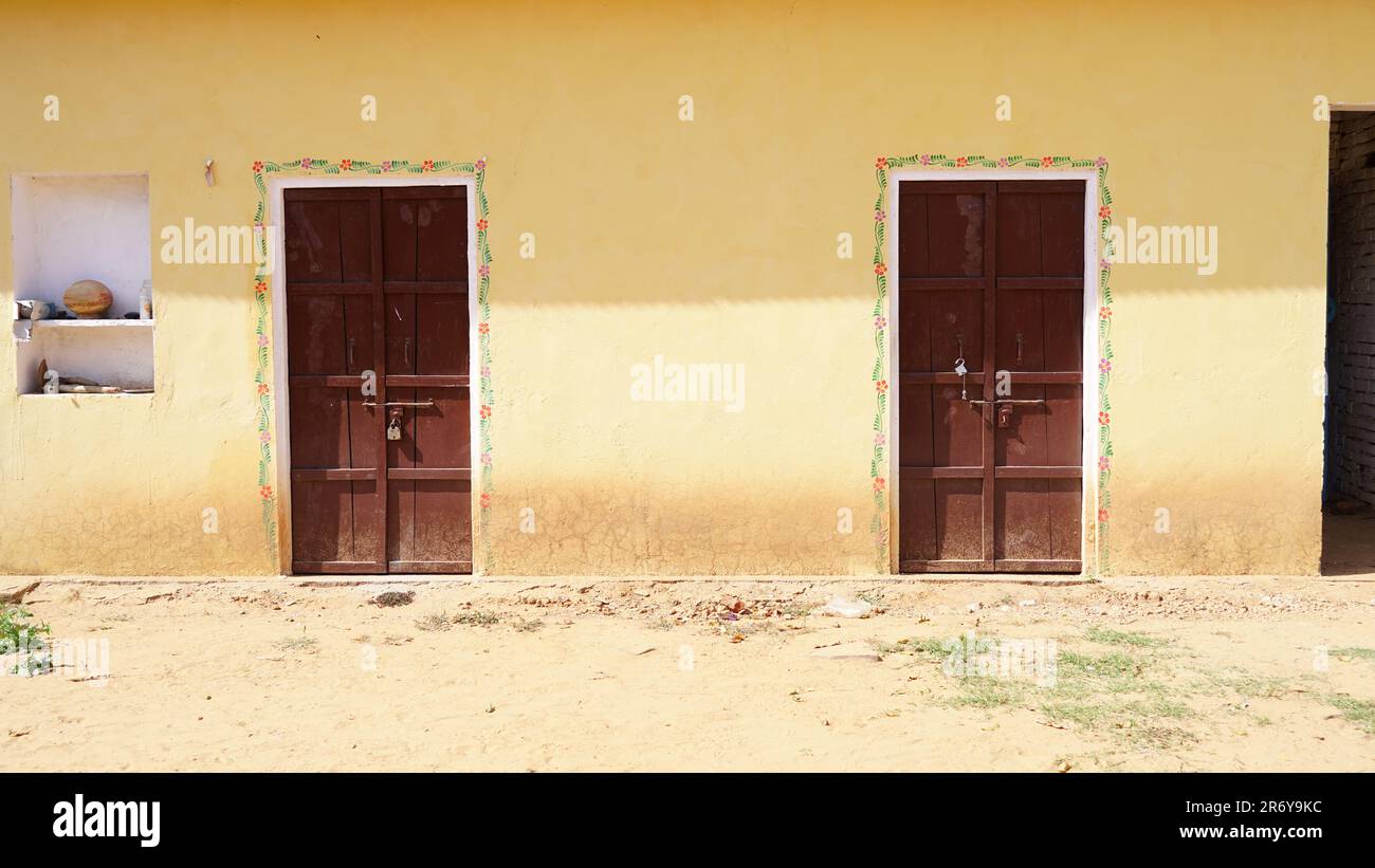 Traditional Indian House Door, Two Traditional Doors. Old building with closed doors on Main Street in a town Stock Photo