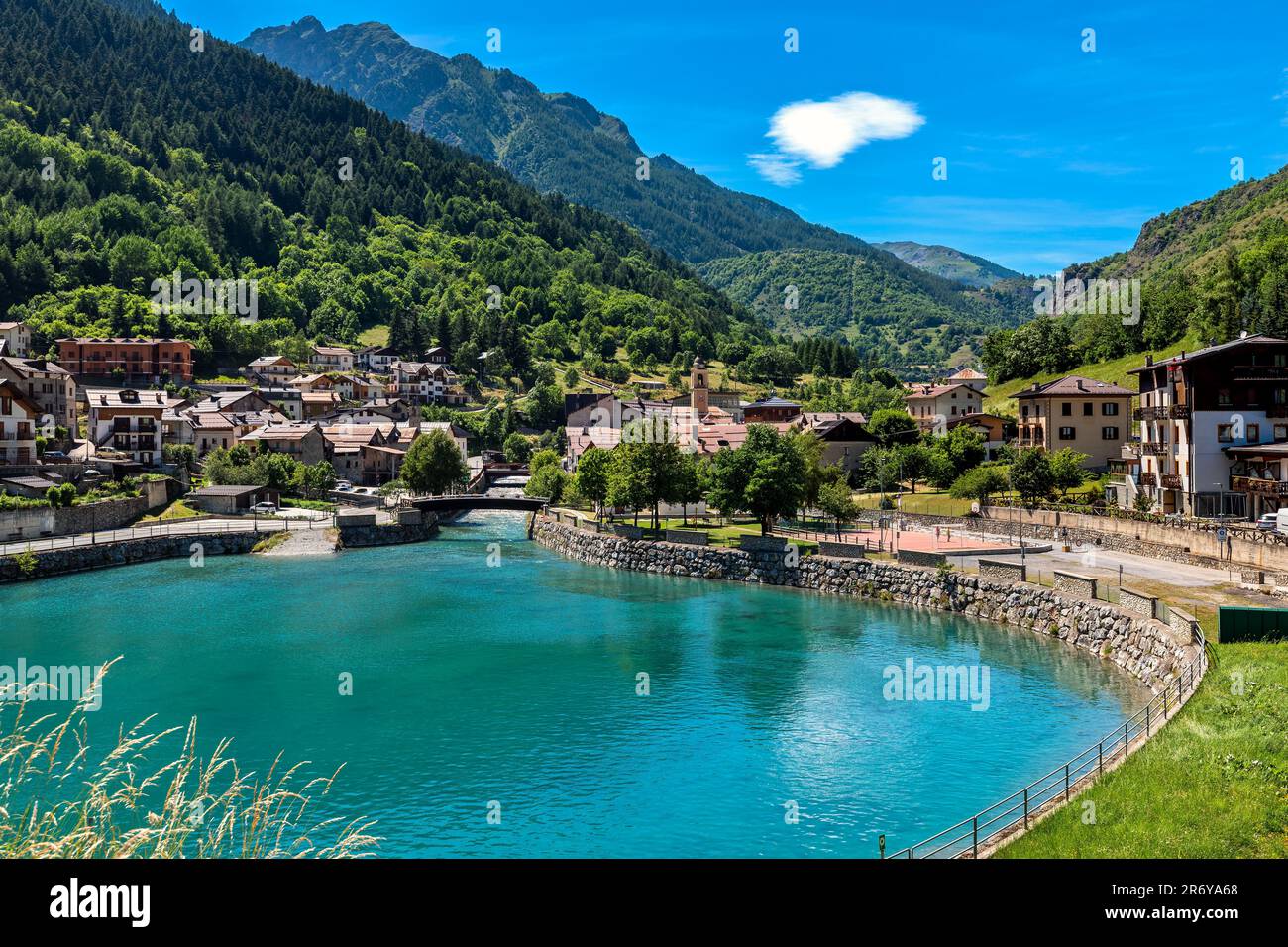 Beautiful artificial lake and small town of Pietraporzio in the mountains in Piedmont, Italy Stock Photo