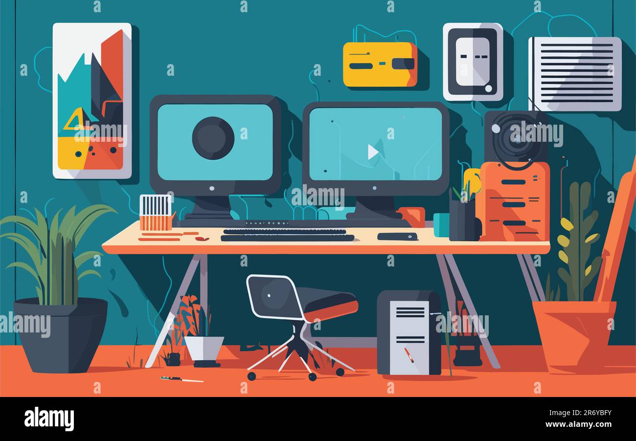 vector based background illustration illustrating a sleek and minimalistic workspace with a modern desk, computer screens, and artistic elements like Stock Vector