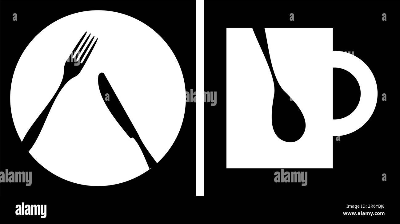 Cutlery icons. White fork, knife, dish, cup and spoon silhouettes on black background with white frame. Vector avaliable Stock Vector