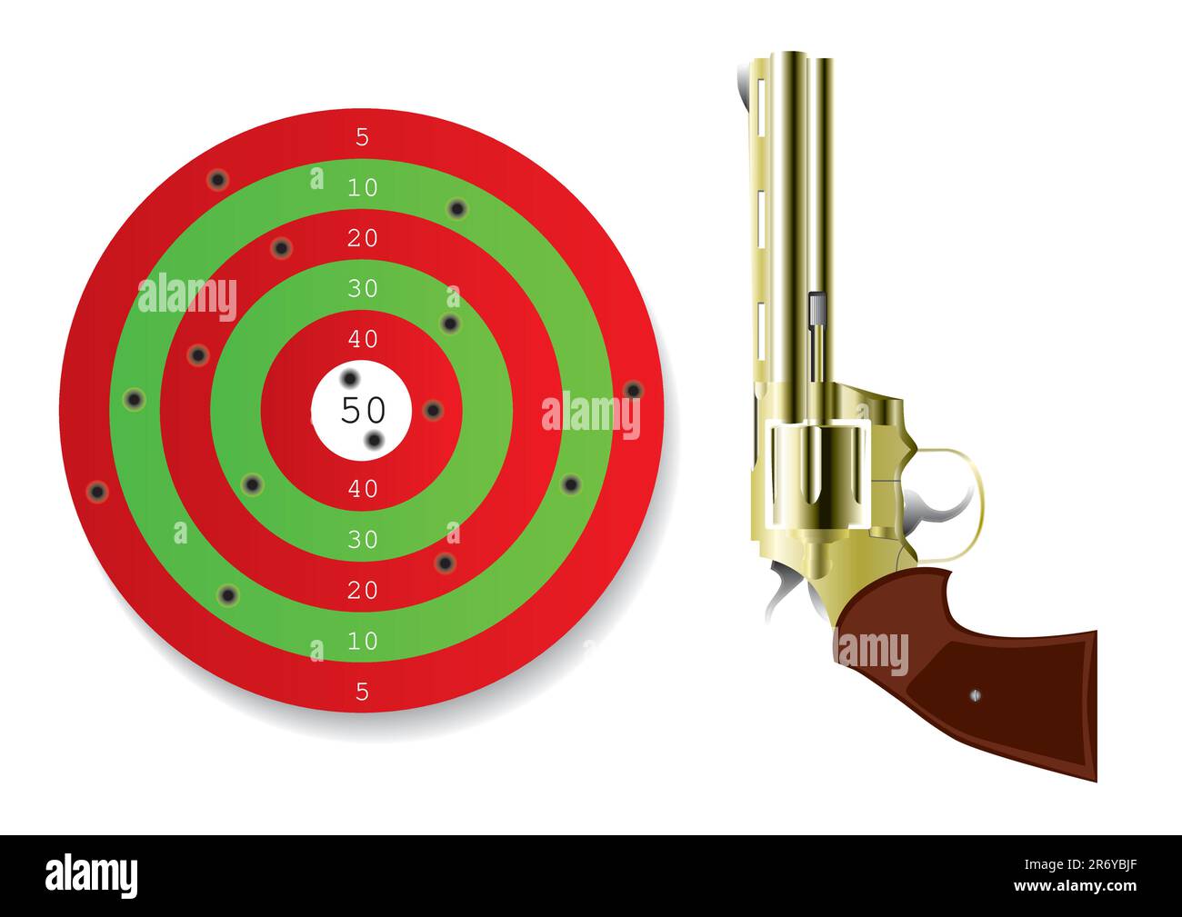 Shooting mark with golden photo-realistic revolver gun isolated over white Stock Vector