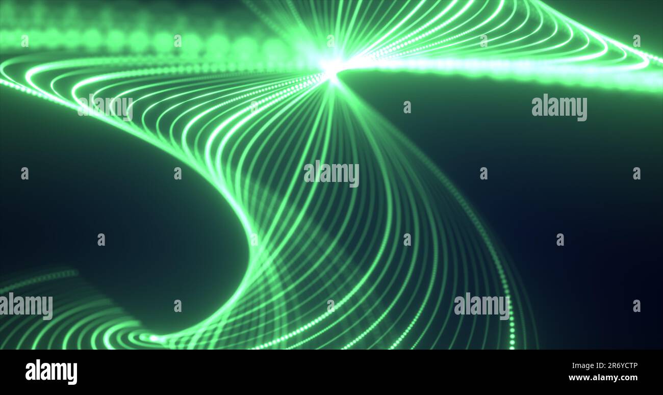 Abstract green waves from lines and dots particles of glowing swirling ...