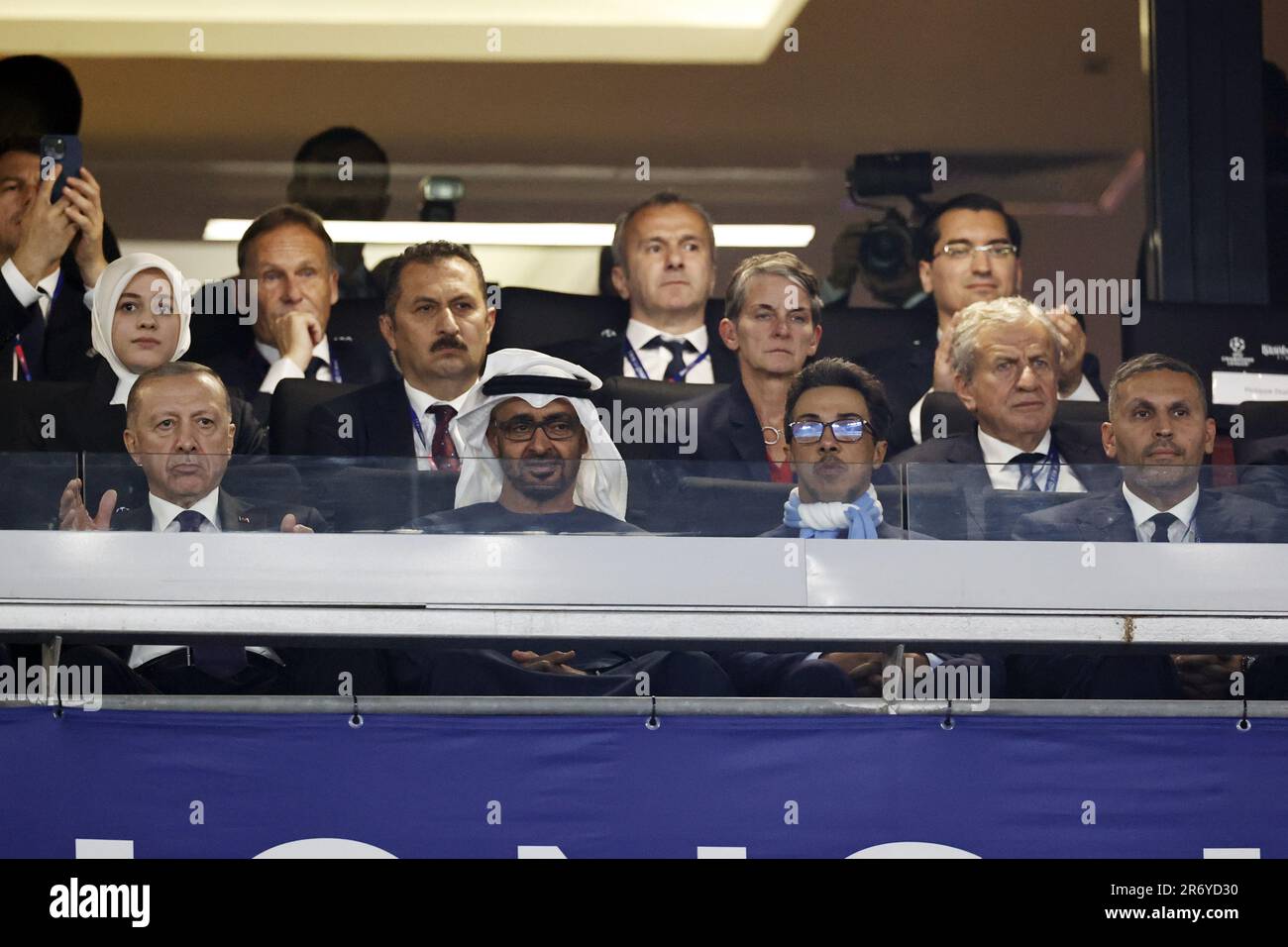 ISTANBUL - President of Turkey Recep Tayyip Erdogan, President of the United Arab Emirates Mohammed Bin Zayed, Sheikh Mansour Ben Zayed Owner of Manchester City FC and the City Football Group, Chairman of Manchester City FC Khaldoon Al Mubarak during the UEFA Champions League final between Manchester City FC and FC Inter Milan at Ataturk Olympic Stadium on June 10, 2023 in Istanbul, Turkey. AP | Dutch Height | MAURICE OF STONE Stock Photo