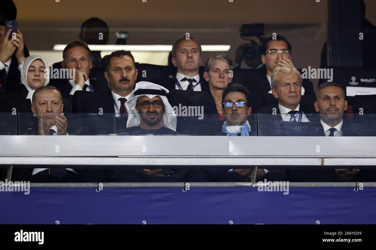 ISTANBUL - President of Turkey Recep Tayyip Erdogan, President of the United Arab Emirates Mohammed Bin Zayed, Sheikh Mansour Ben Zayed Owner of Manchester City FC and the City Football Group, Chairman of Manchester City FC Khaldoon Al Mubarak during the UEFA Champions League final between Manchester City FC and FC Inter Milan at Ataturk Olympic Stadium on June 10, 2023 in Istanbul, Turkey. AP | Dutch Height | MAURICE OF STONE Stock Photo