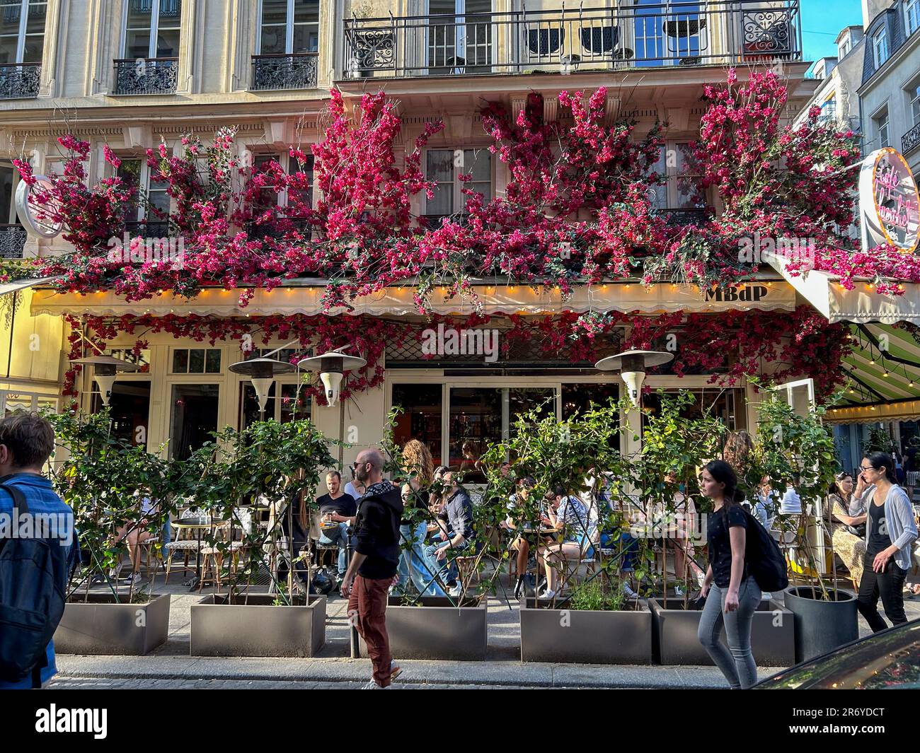 Paris, France, Street Scenes, Les Halles District, People Walking, Parisien Cafe, Terrace, Front with FLowers Decorations, old cafe Stock Photo