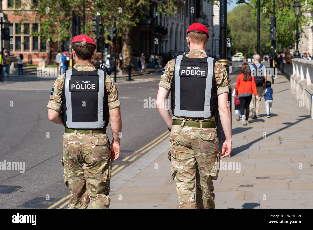 Military Police patrol at Colonel's review of Trooping the Colour, final evaluation of the military parade before the full event takes place next week Stock Photo