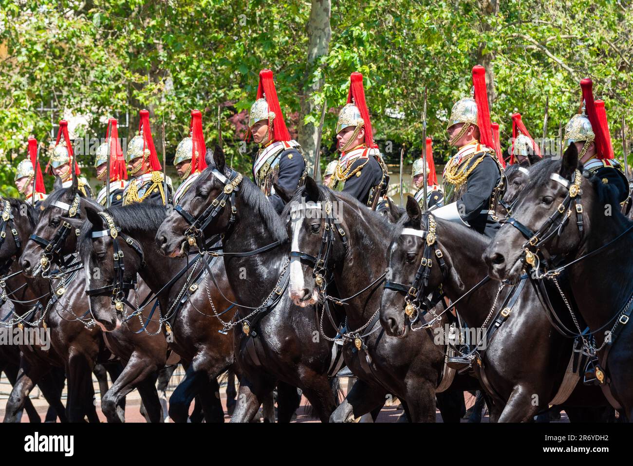 Colonel's review of Trooping the Colour, a final evaluation of the military parade before the full event takes place next week. Blues & Royals riders Stock Photo