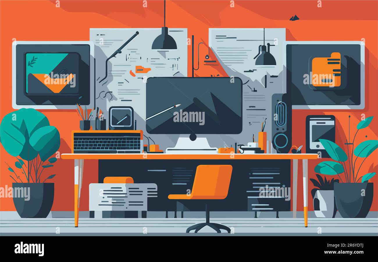 vector-based background illustration illustrating a sleek and minimalistic workspace with a modern desk, computer screens, and artistic elements like Stock Vector