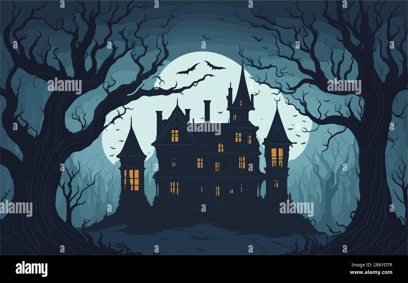 complex vector background image inspired by the concept of haunted houses, using minimalistic elements to depict an eerie Victorian mansion surrounded Stock Vector