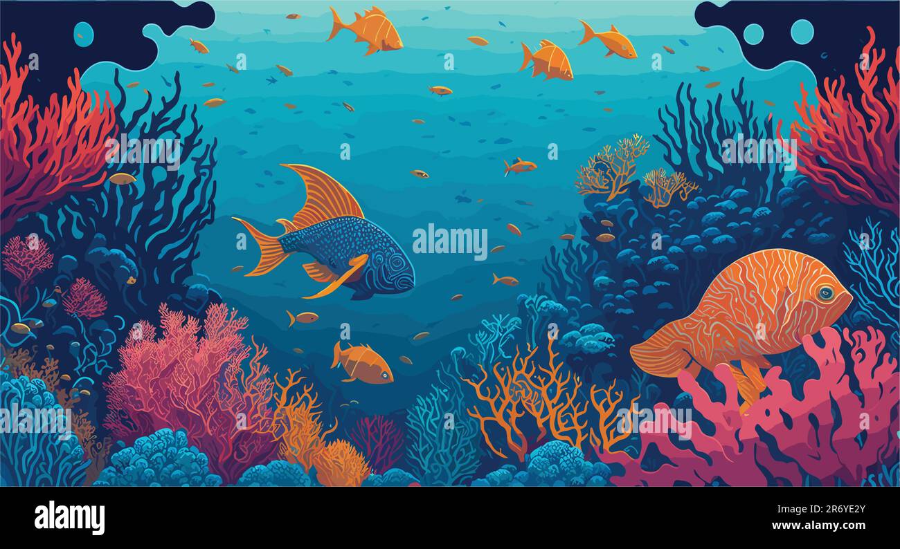 vector style background image that captures the essence of underwater life, combining intricate coral reefs, vibrant marine creatures, and shimmering Stock Vector