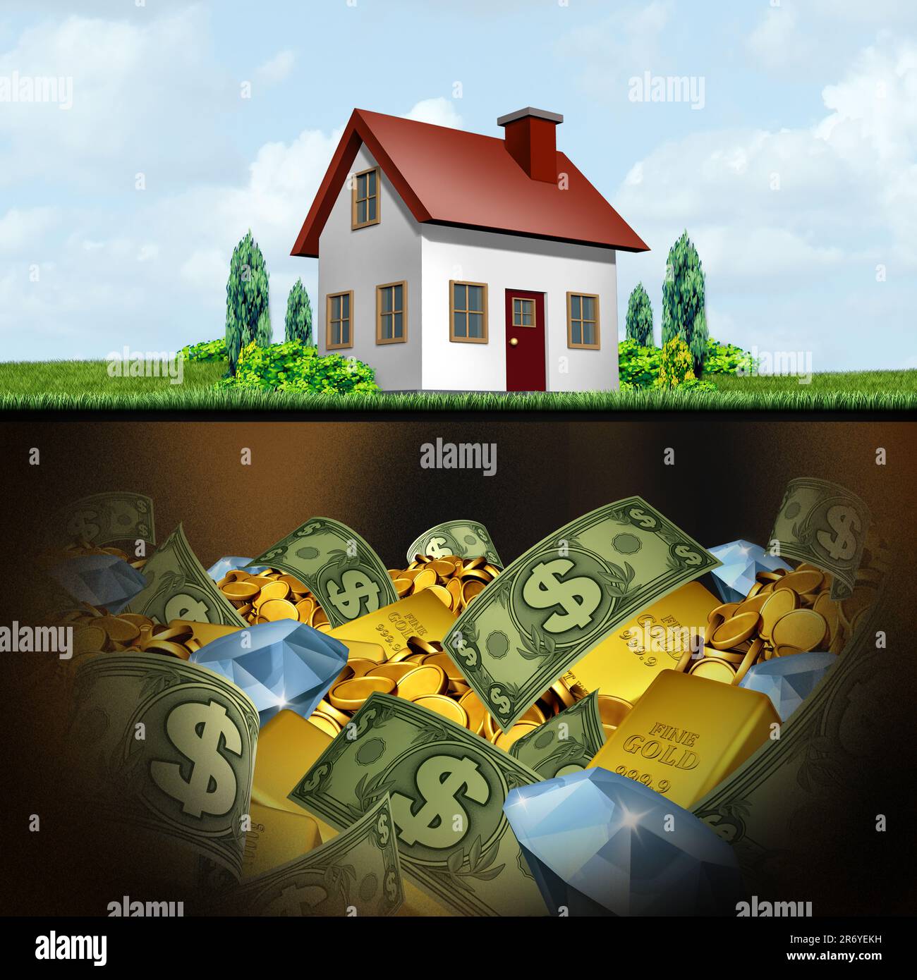 Hidden wealth and home equity value concept as the rising equity in real estate or hiding money and  reverse mortgage or HELOC as a home with gold Stock Photo