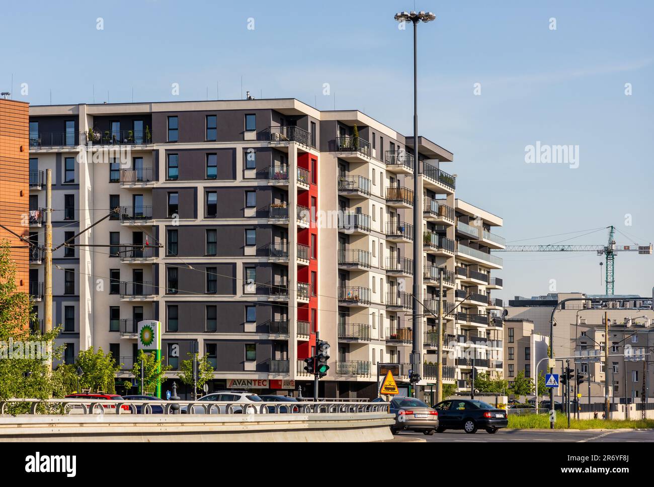 Lodz, Poland - May 21, 2023: Central Park Apartments modern residential complex at Zeromskiego street in historic city center of Lodz old town Stock Photo
