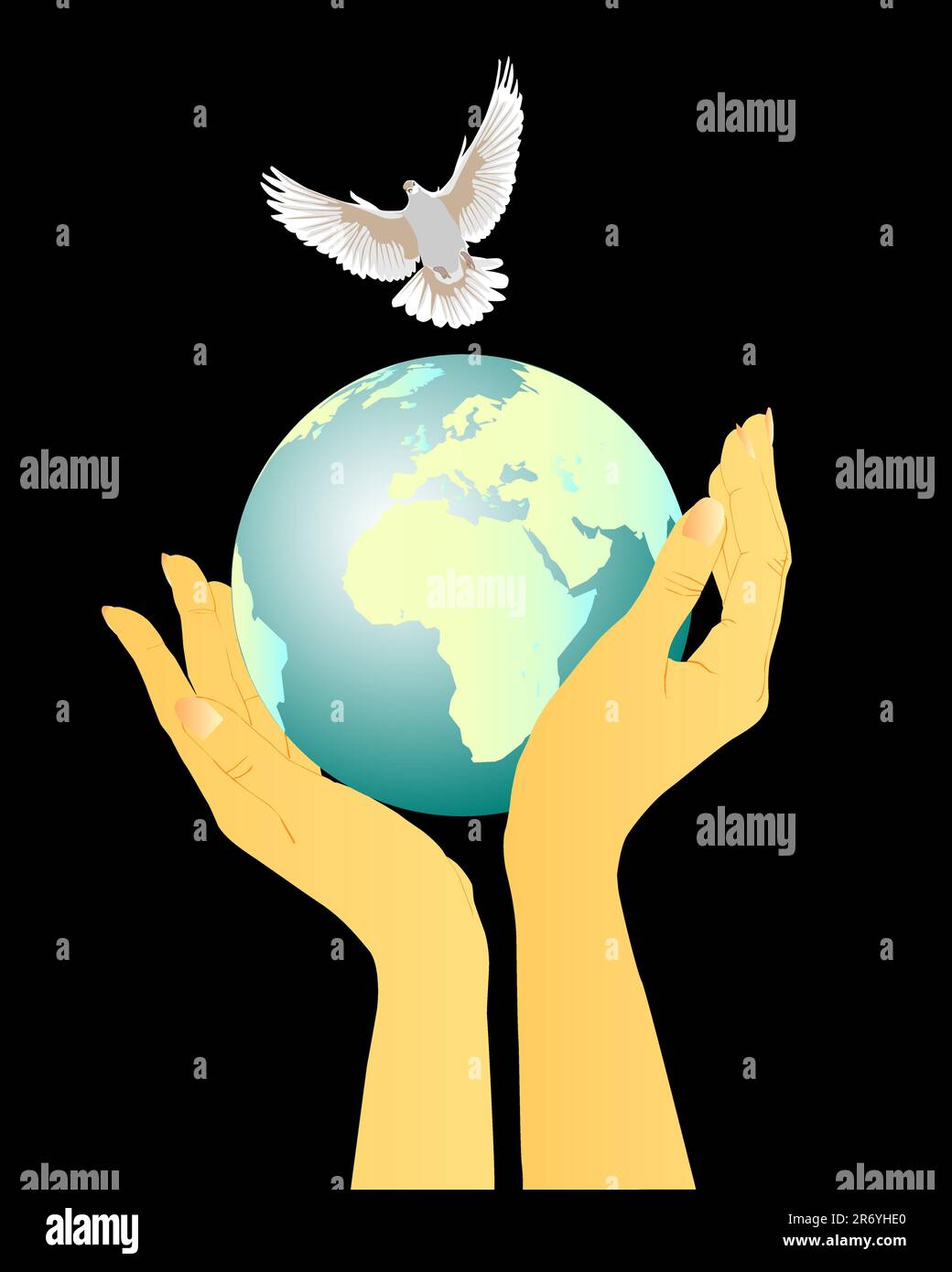 Hands holding globe and a flying pigeon on a black background Stock Vector