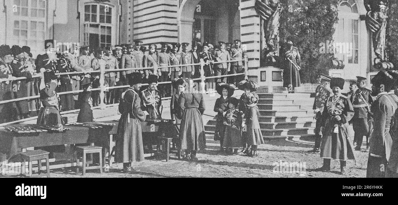 Distribution of gifts by members of the Russian imperial family to employees of His Majesty's Own Escort . Photo taken in 1911. Stock Photo