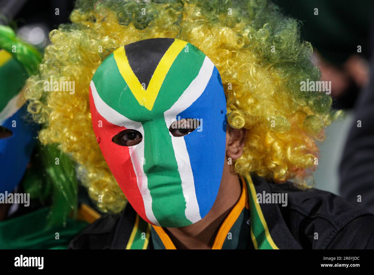 A South African supporter awaits the start of the Samoa versus South Africa Pool D match of the Rugby World Cup 2011, North Harbour Stadium, Auckland, New Zealand, Friday, September 30, 2011. Stock Photo