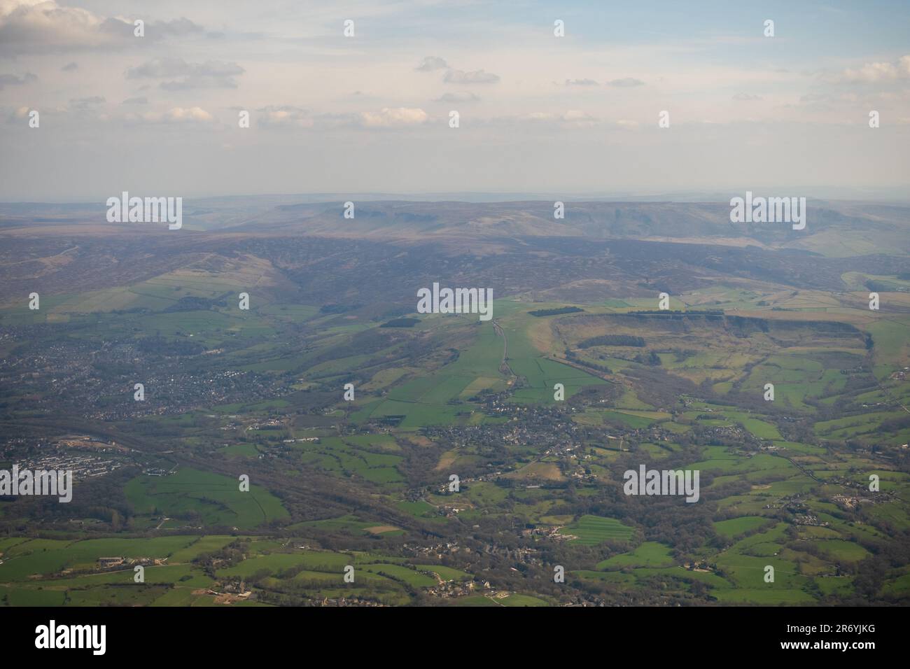 Glossop and Kinder Scout seen from height. Stock Photo