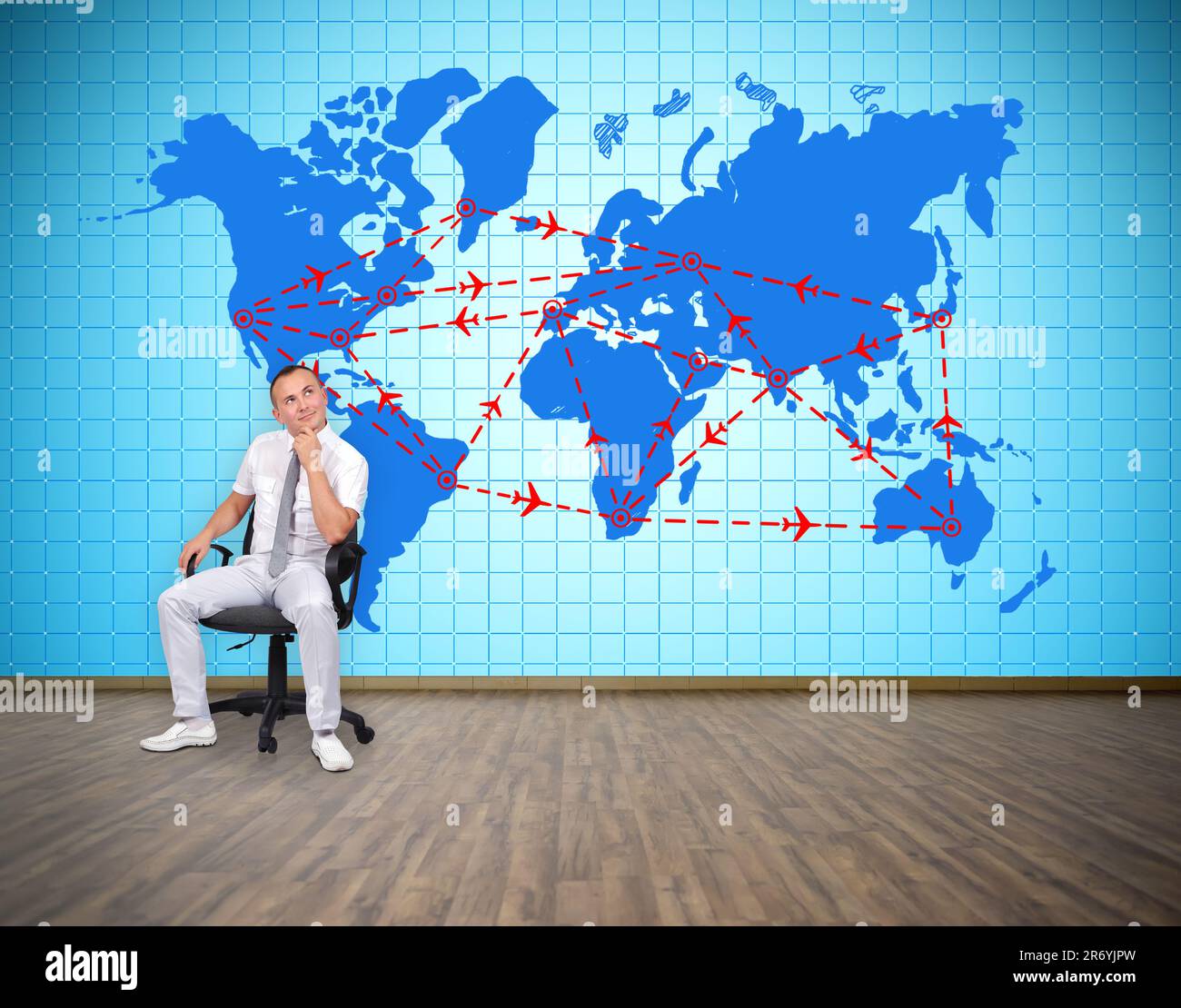 businessman and plasma tv wall with air travel plan Stock Photo