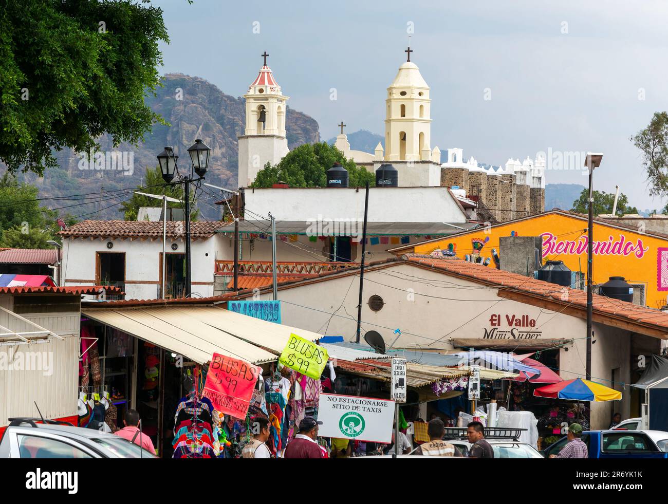 View over street market to historic church Ex Convento Dominico de la Natividad, Tepoztlán