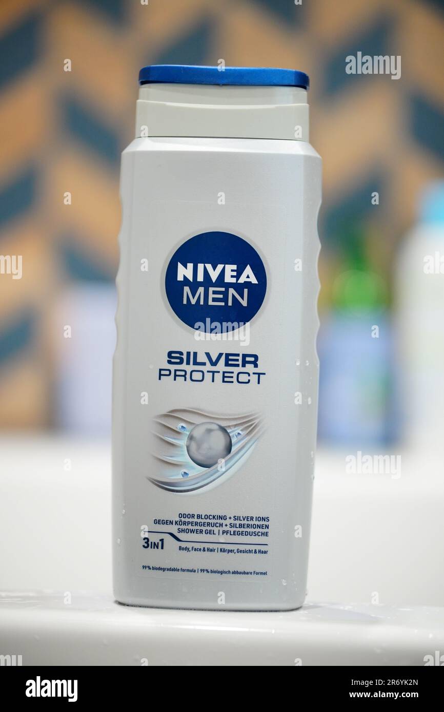 A closeup of a bottle of NIVEA Men Silver Protect Shower Gel Stock Photo -  Alamy