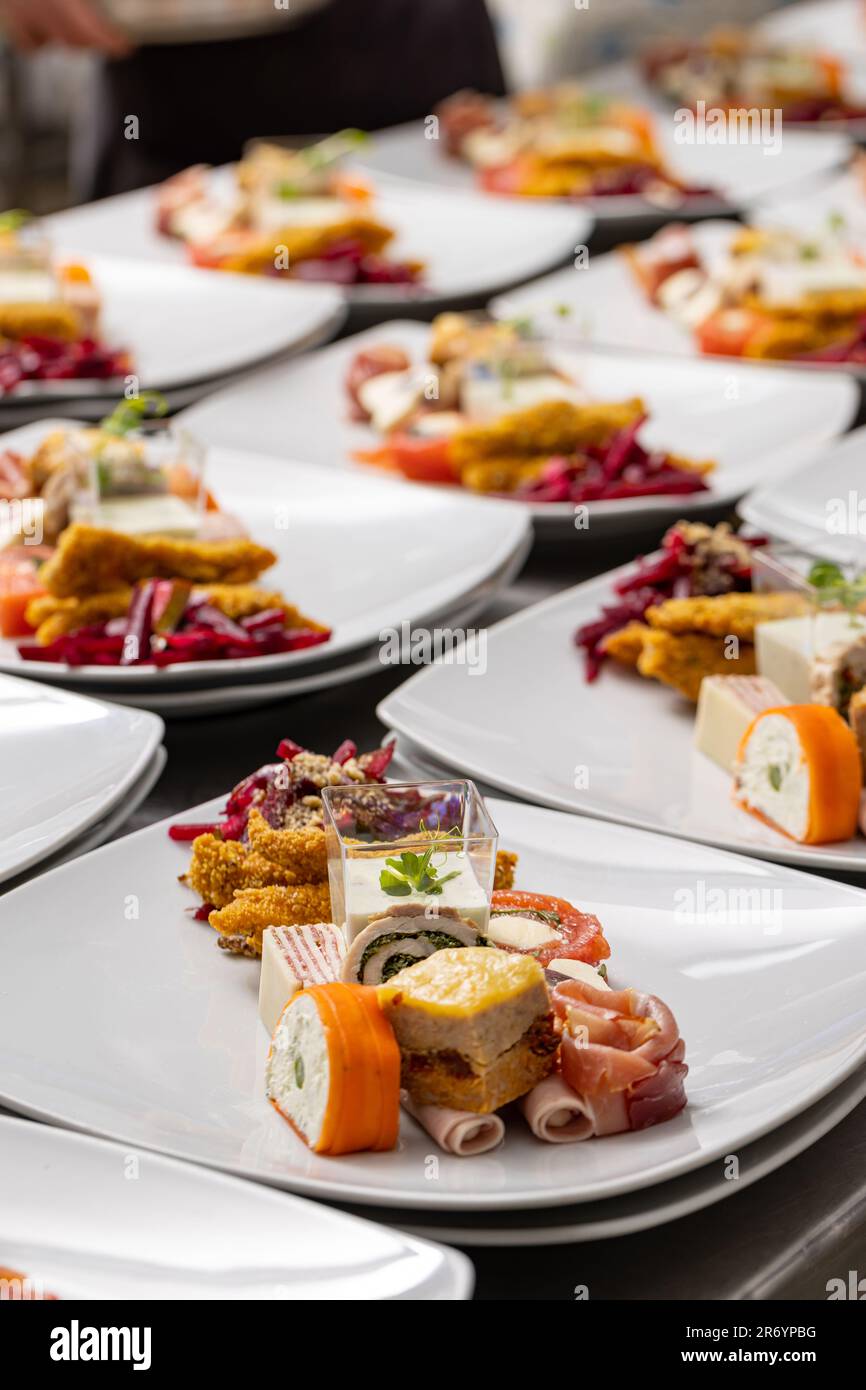 Wedding appetizer dishes on the restaurant kitchen counter Stock Photo