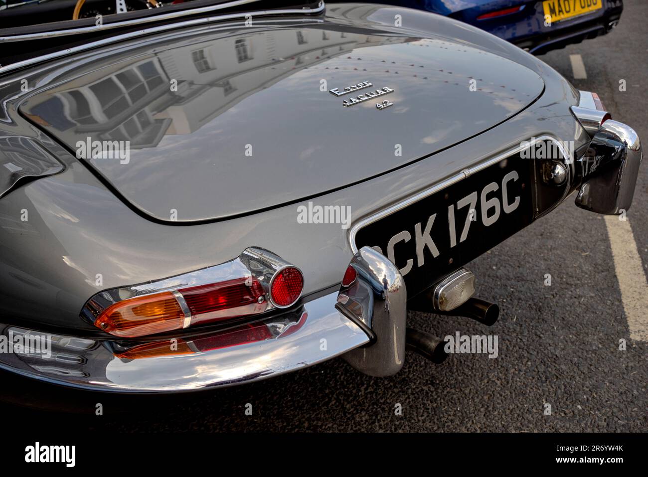 Jaguar E Type 4.2 litre silver 1965 Iconic English sports car. Stock Photo