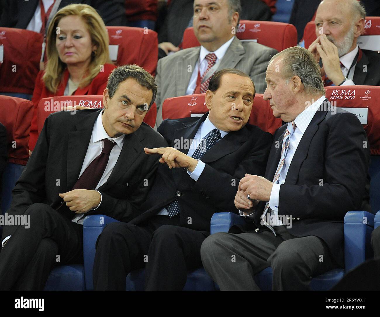 File photo dated 27/05/09 of former Italian Prime Minister Silvio Berlusconi who died on Monday aged 86, shown here talking to Spain's (now former) Prime Minister Jose Luis Rodriguez Zapatero (left) and (now former)King Juan Carlos (right) of Spain at UEFA Champions League Final between Barcelona and Manchester United at Stadio Olimpico in Rome, Italy. Stock Photo