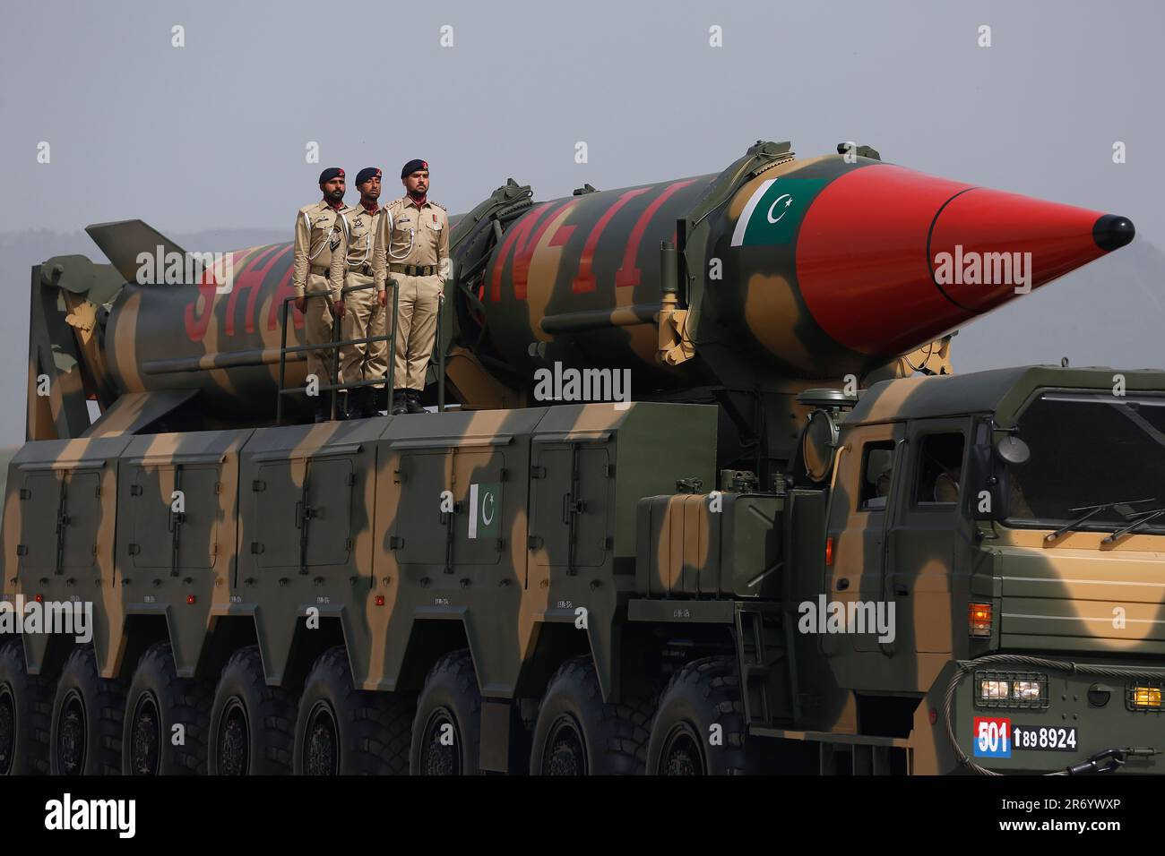FILE - A Pakistani-made Shaheen-III missile, that is capable of carrying nuclear warheads, are displayed during a military parade to mark Pakistan National Day, in Islamabad, Pakistan, on March 23, 2022. The nine nuclear-armed states continue to modernize their nuclear arsenals and several deployed new nuclear-armed or nuclear-capable weapon systems in 2022, a Swedish think tank said Monday June 12, 2023. (AP Photo/Anjum Naveed, File) Stock Photo