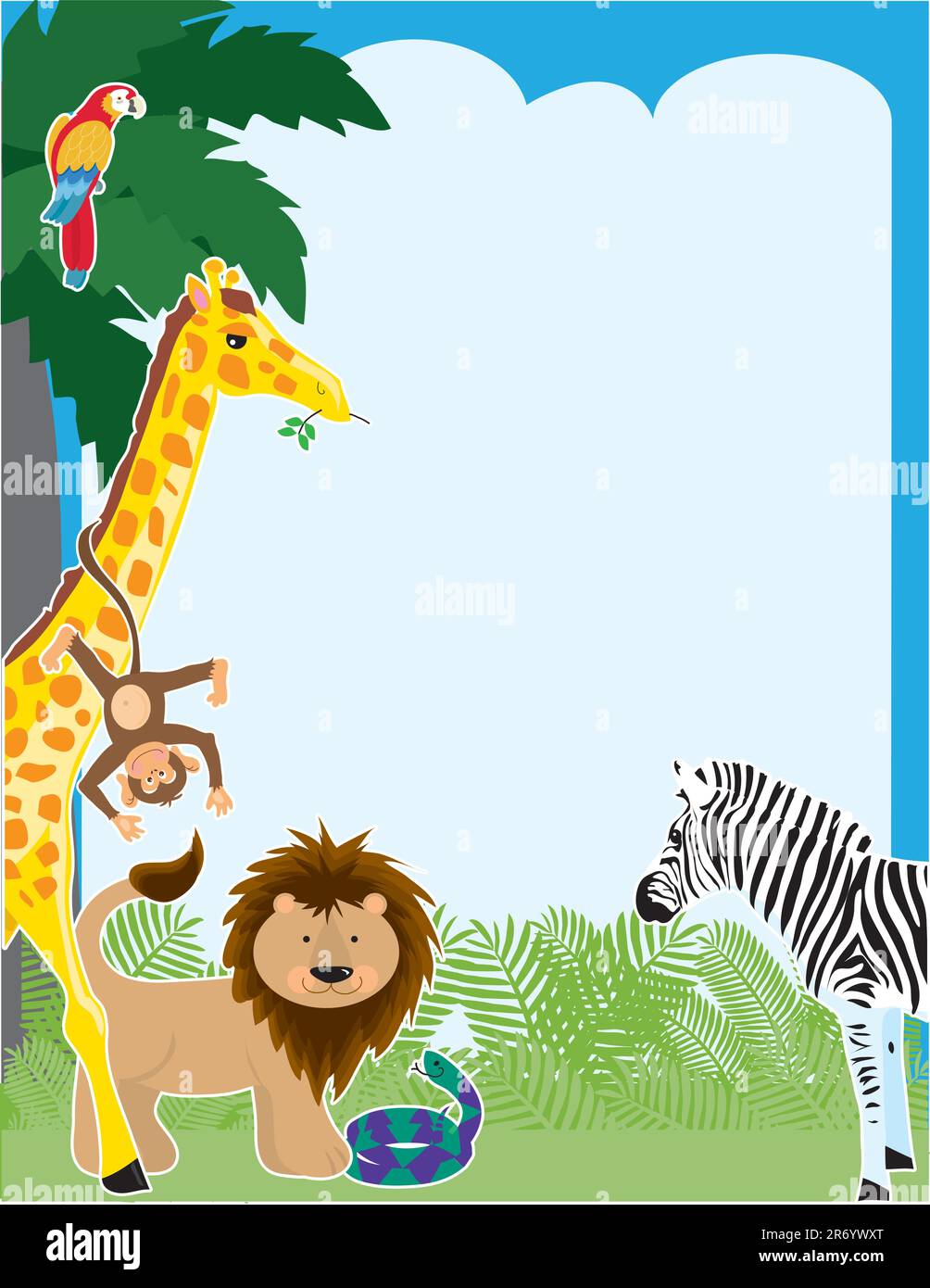 A jungle border design featuring a parrot, giraffe, monkey, lion, snake and a zebra Stock Vector