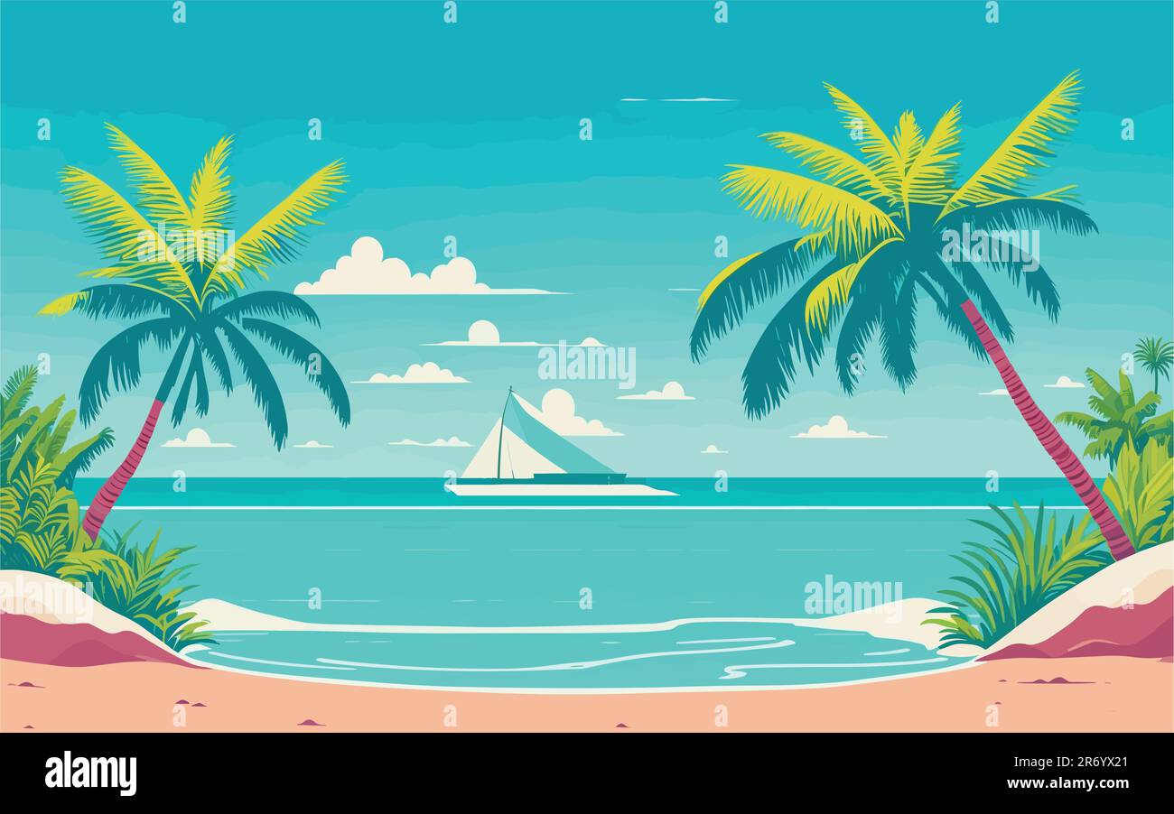 vector-styled background illustration depicting a tropical paradise with palm trees, white sandy beaches, and turquoise waters. The illustration Stock Vector