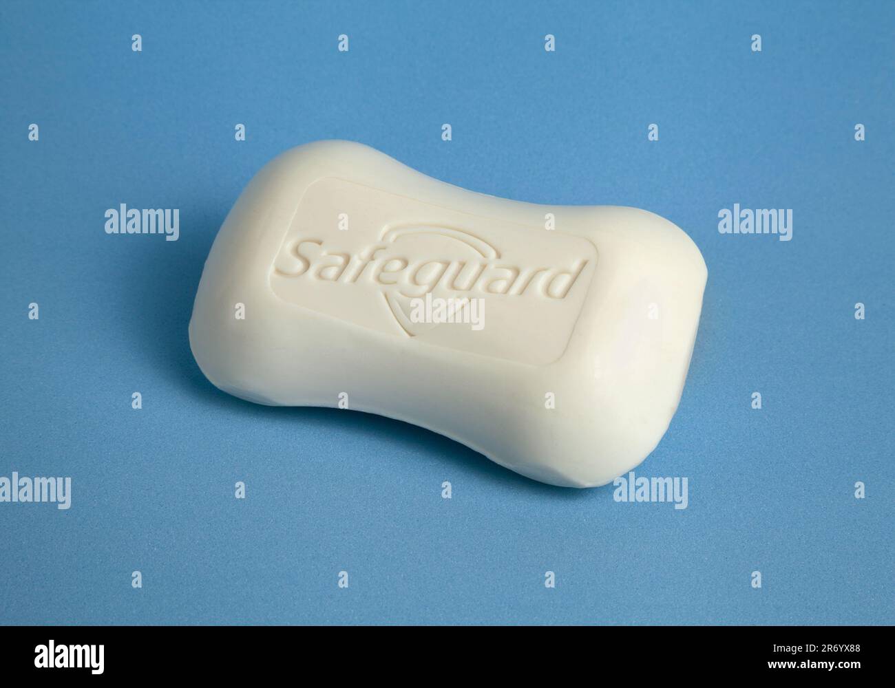 Ho Chi Minh City, Vietnam - June 11, 2023: Safeguard logo imprinted on a bar of antibacterial hand soap. Unwrapped hygiene product of a popular brand - Stock Image