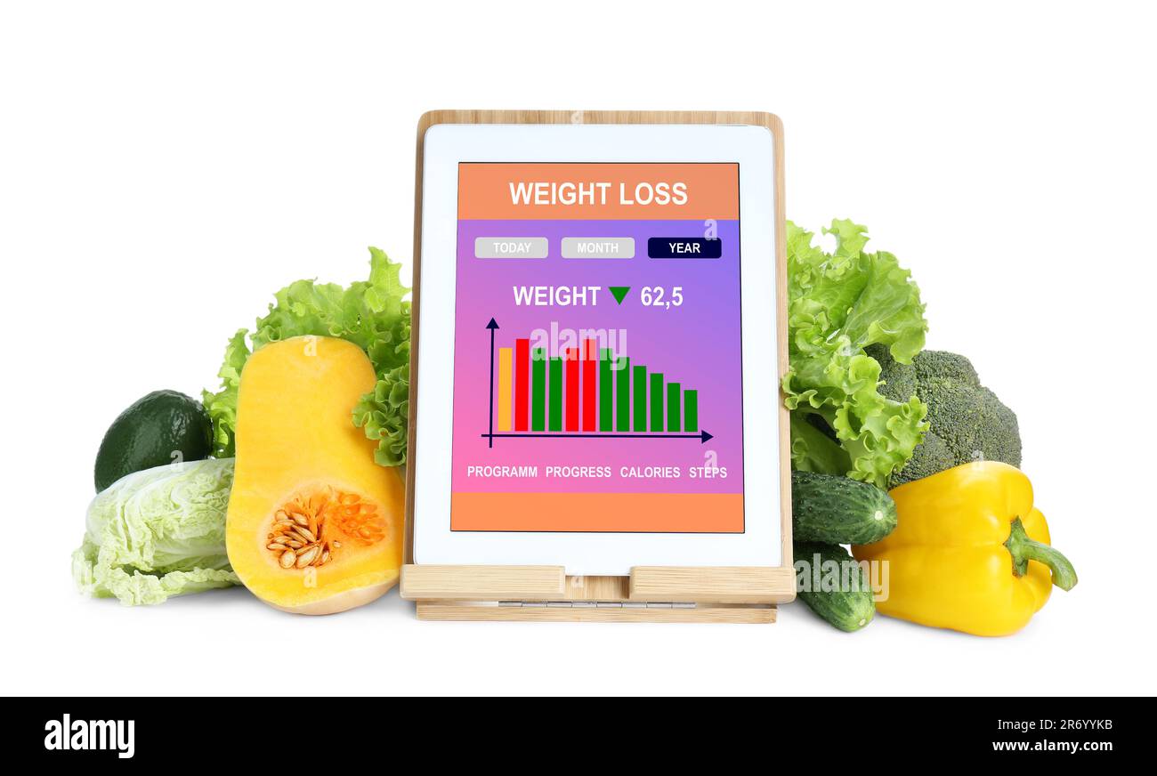 Tablet with weight loss calculator application and food products on ...