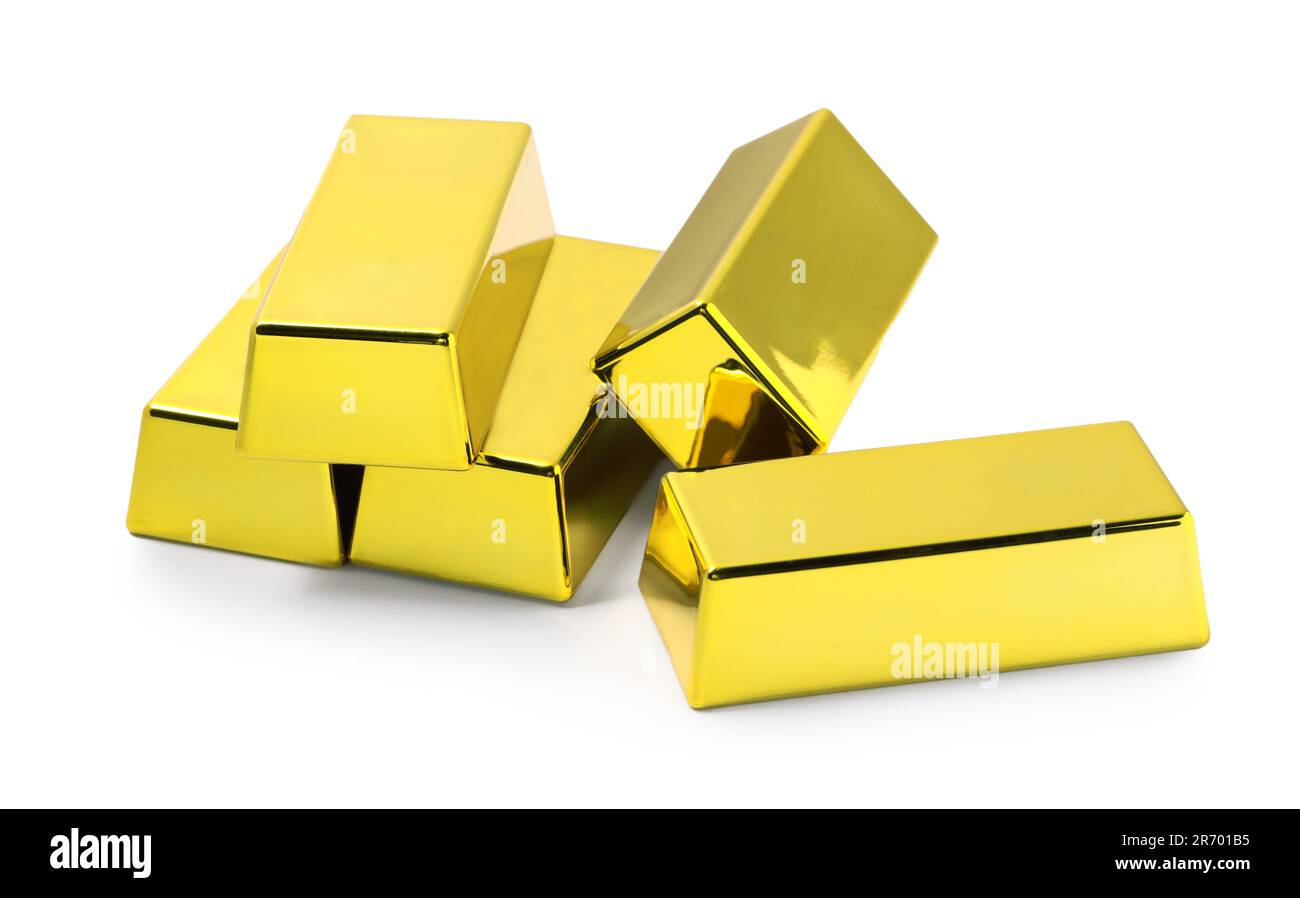 Many shiny gold bars isolated on white Stock Photo - Alamy