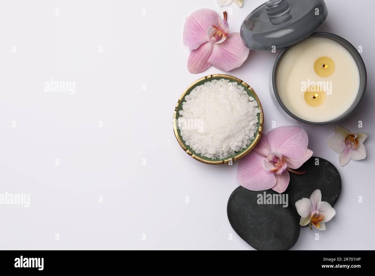 Flat lay composition with different spa products on white background ...