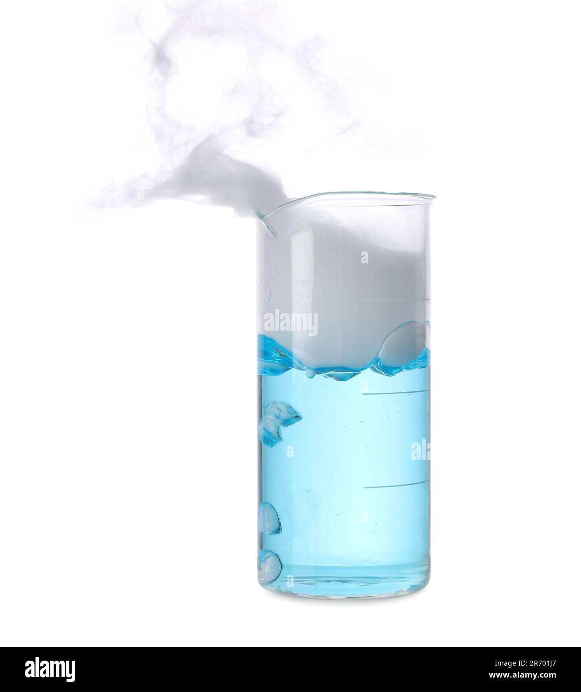 Laboratory beaker with light blue liquid and steam isolated on white