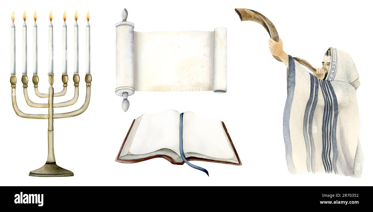 Yom Kippur watercolor illustration set for Day of Atonement with Jewish