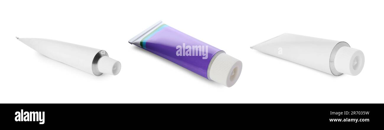 Collage with tubes of ointments on white background Stock Photo