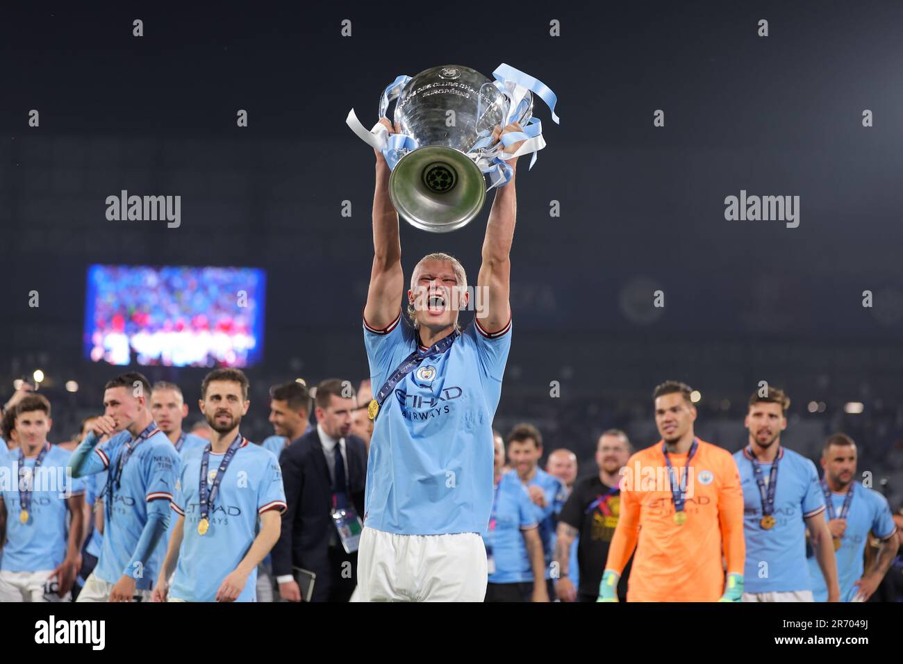 Istanbul, Turkey. 11th June, 2023. ISTANBUL, TURKEY - JUNE 11: Erling Haaland of Manchester City with the cup during the UEFA Champions League Final match between Manchester City FC and FC Internazionale Milano at Ataturk Olympic Stadium on June 11, 2023 in Istanbul, Turkey (Photo by /Orange Pictures) Credit: Orange Pics BV/Alamy Live News Stock Photo