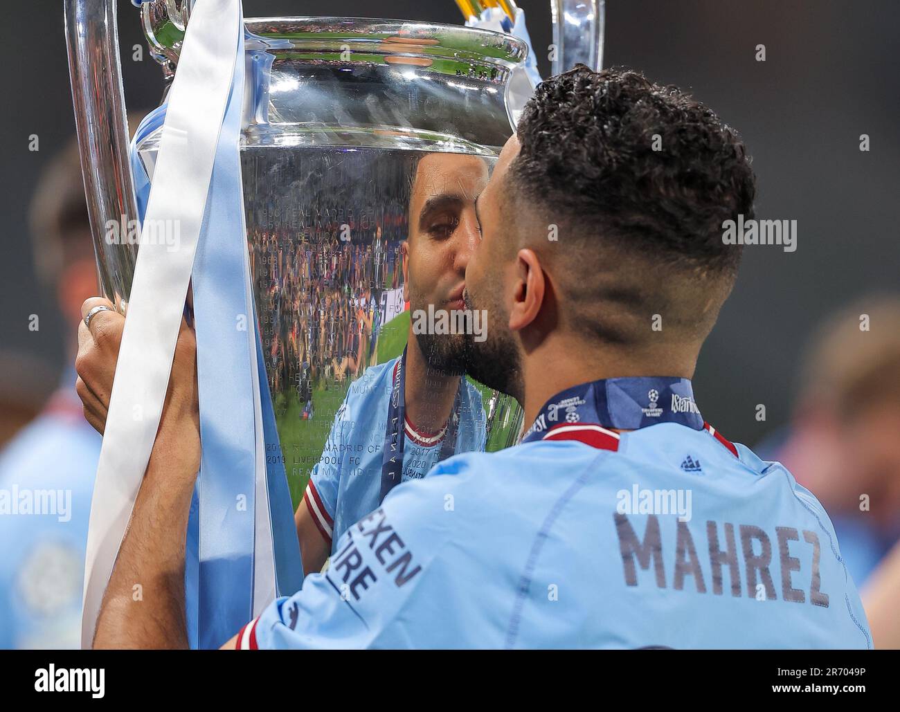 Istanbul, Turkey. 11th June, 2023. ISTANBUL, TURKEY - JUNE 11: Riyad Mahrez of Manchester City with the cup during the UEFA Champions League Final match between Manchester City FC and FC Internazionale Milano at Ataturk Olympic Stadium on June 11, 2023 in Istanbul, Turkey (Photo by /Orange Pictures) Credit: Orange Pics BV/Alamy Live News Stock Photo