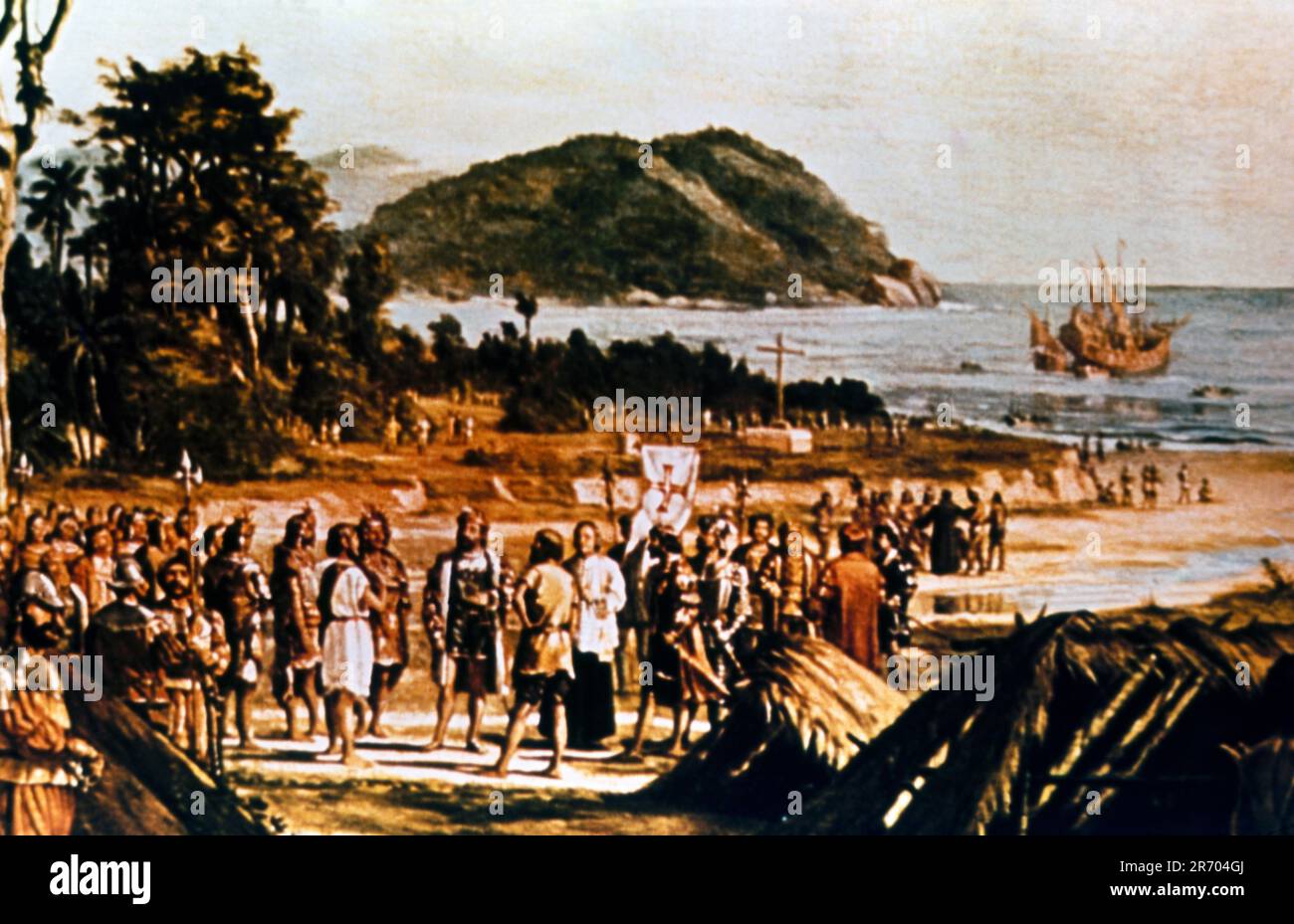 Brazil  Conquistador Pedro Alvares Cabral Beach Landing Meeting Brazilian Indigenous People in 1500 Stock Photo