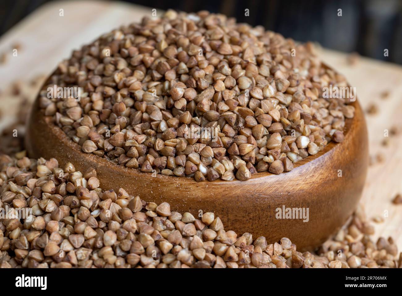 A large amount of roasted buckwheat harvest, not cooked buckwheat