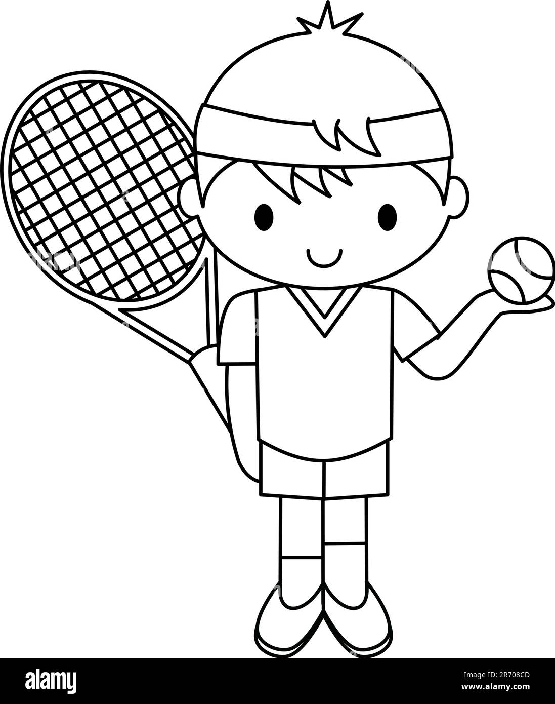 Black and White Illustration a Tennis player boy Stock Vector