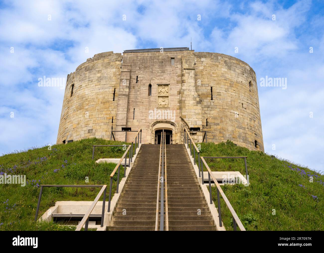 Clifford's Tower shot from ground level looking up the steep steps toward the top. Stock Photo