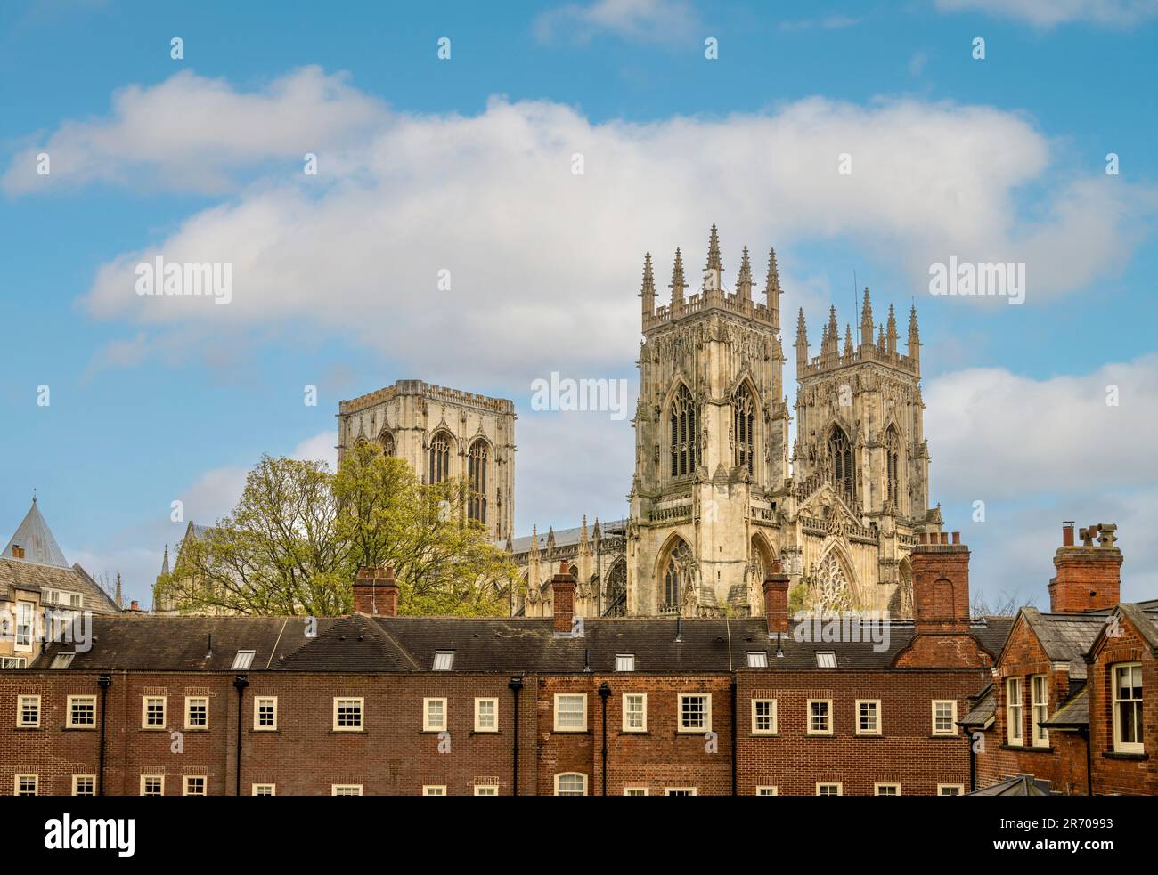 North and West façades of York Minster with the Purey Cust town houses in the foreground Stock Photo
