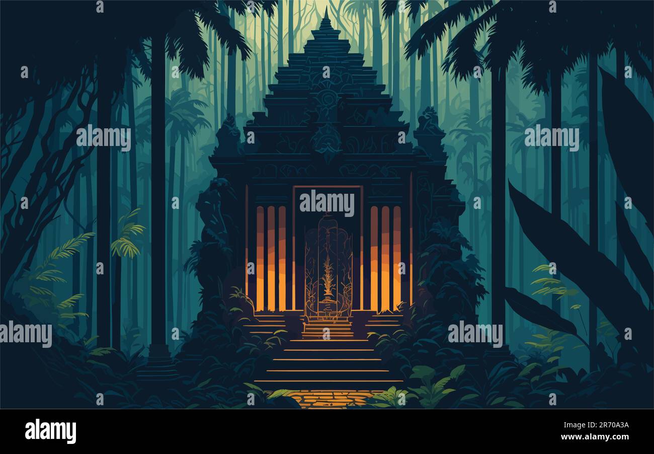 complex vector-style background image that portrays an ancient mystical temple hidden deep within a dense jungle, with intricate architectural details Stock Vector