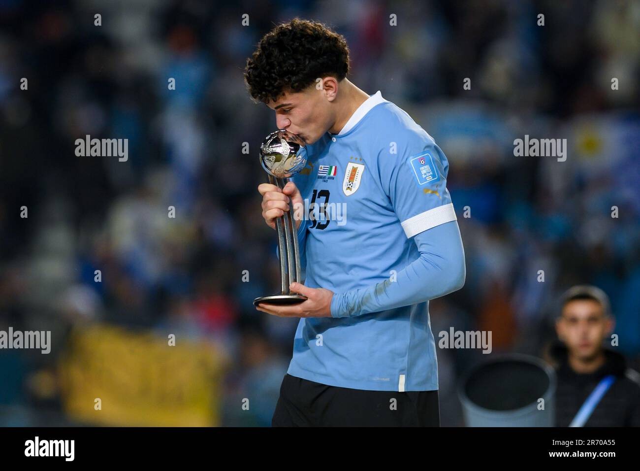Alan Matturro of Uruguay poses for a photo with the Adidas Silver Ball Trophy during the FIFA U-20 World Cup Argentina 2023 Final match between Italy and Uruguay at Estadio La Plata. Stock Photo