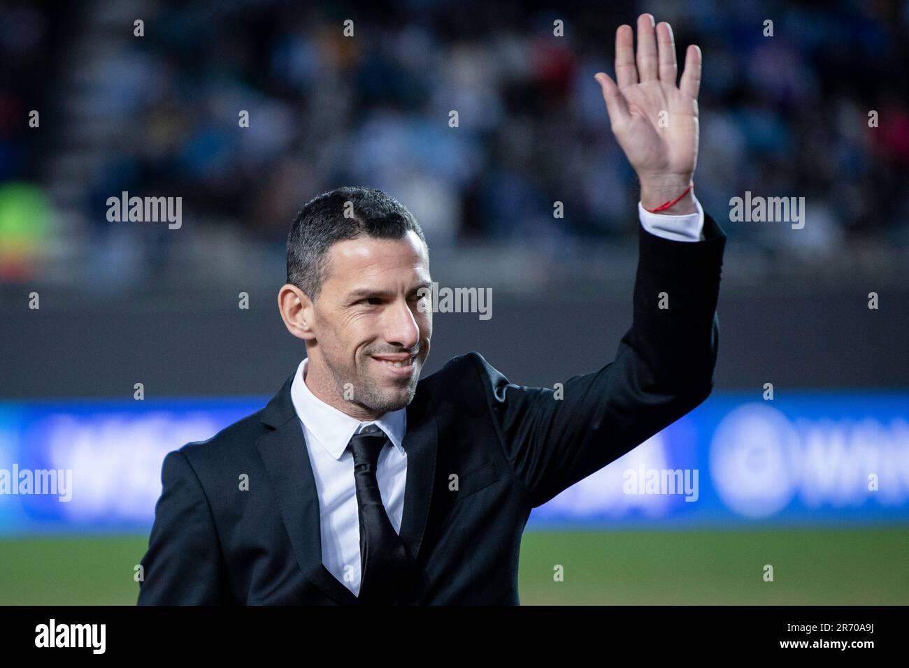 Maximiliano Rodríguez, former player and FIFA U20 World Cup 2001 Champion waves prior the FIFA U-20 World Cup Argentina 2023 Final match between Italy and Uruguay at Estadio La Plata. Stock Photo