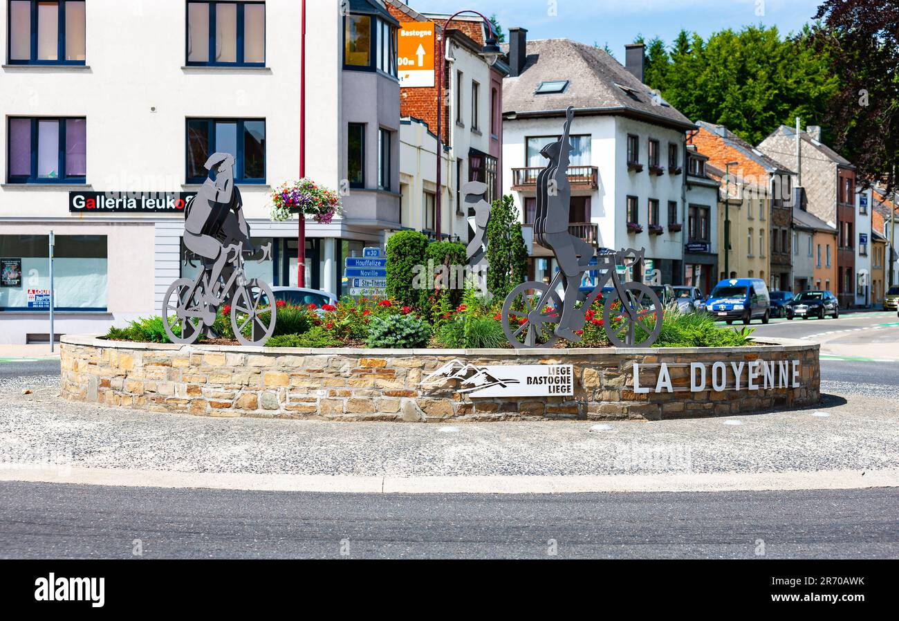 Bastogne, Belgium - July 9, 2010 : La Doyenne sculpture. 'The Old Lady' located on the Bastogne side of the annual Liege-Bastogne-Liege cycle race. Stock Photo