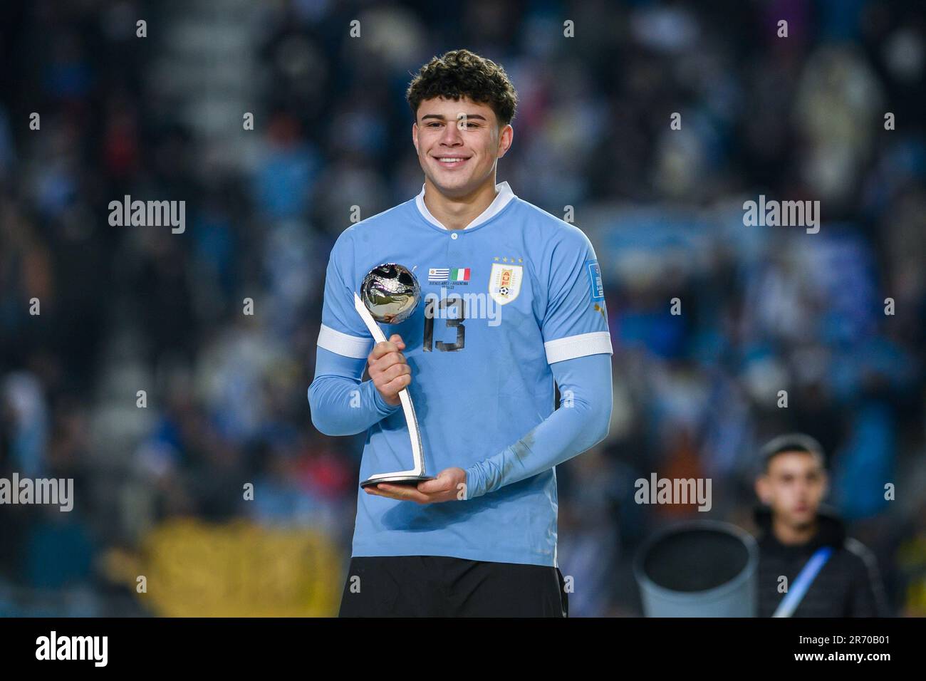 La Plata, Argentina. 11th June, 2023. Alan Matturro of Uruguay poses for a photo with the Adidas Silver Ball Trophy during the FIFA U-20 World Cup Argentina 2023 Final match between Italy and Uruguay at Estadio La Plata. (Photo by Manuel Cortina/SOPA Images/Sipa USA) Credit: Sipa USA/Alamy Live News Stock Photo