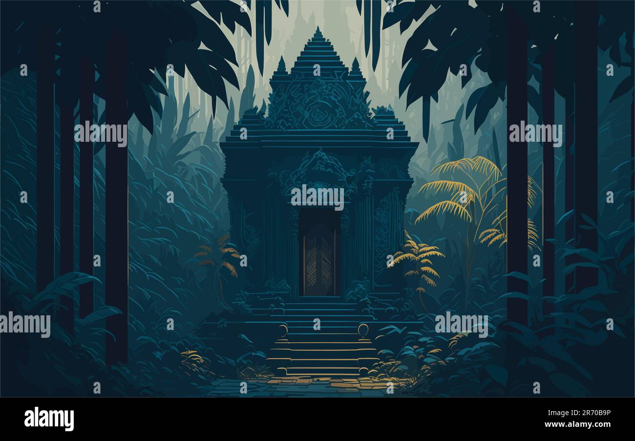 complex vector-style background image that portrays an ancient mystical temple hidden deep within a dense jungle, with intricate architectural details Stock Vector